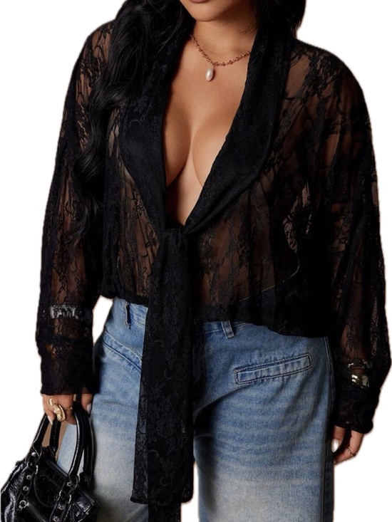 A+ Boutique Tops - PLUS Lace Tie-Front Blouse